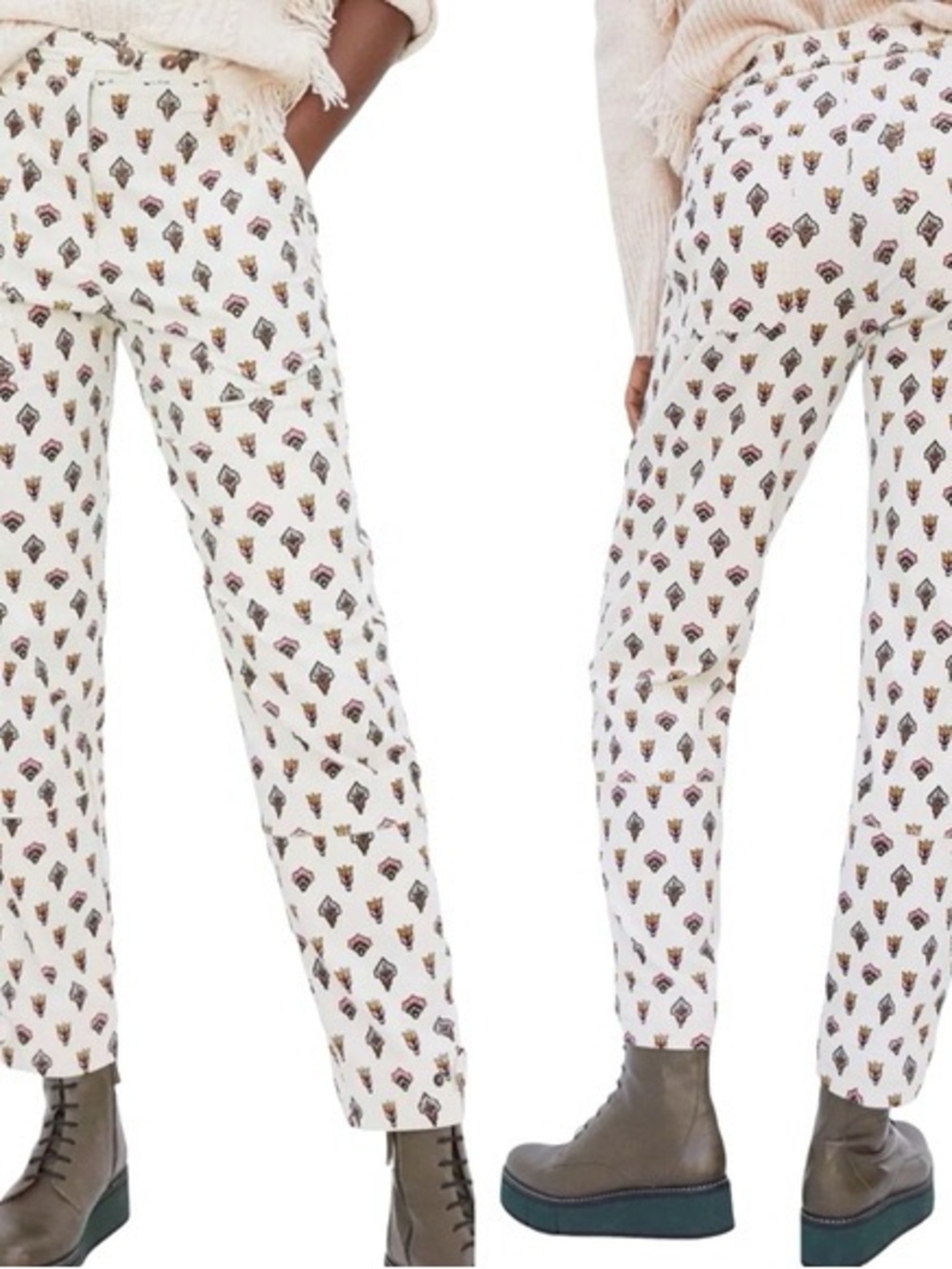 Anthropologie White Printed Straight-Leg Pants with Multicolor Motif